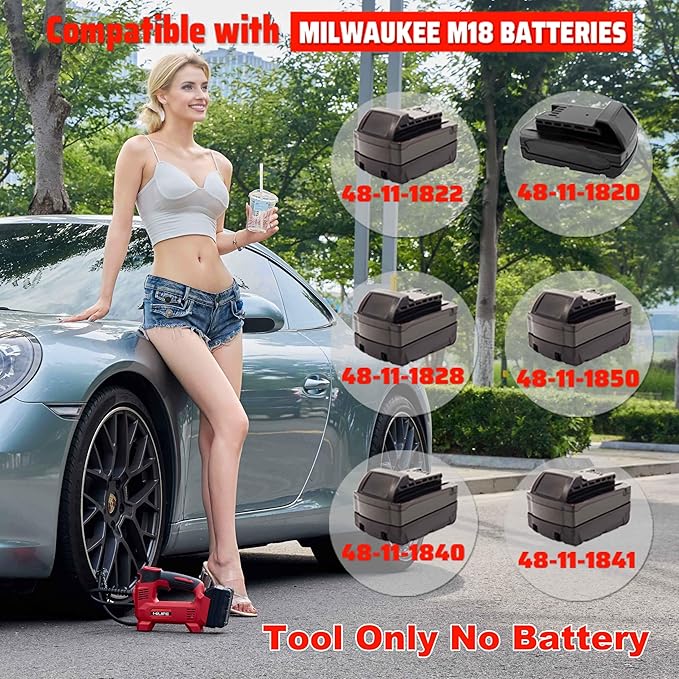 Cordless Tire Inflator Portable Air Compressor for Milwaukee M18 Battery,Lithium Car Air Pump, Auto air pump with Digital Pressure Gauge for Car tires, Bicycle, Ball(Tool Only, NO Battery)