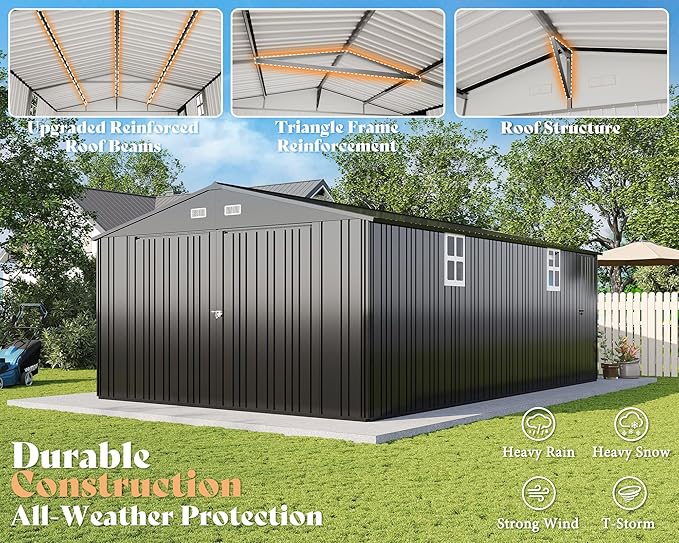 AMERLIFE 13.2x21x8 FT Outdoor Metal Garage Shed, Extra Large Storage Shed with Double Hinged Doors, 4 Windows, Carport for Car, Truck, Bike and Lawn Equipment, Dark Grey
