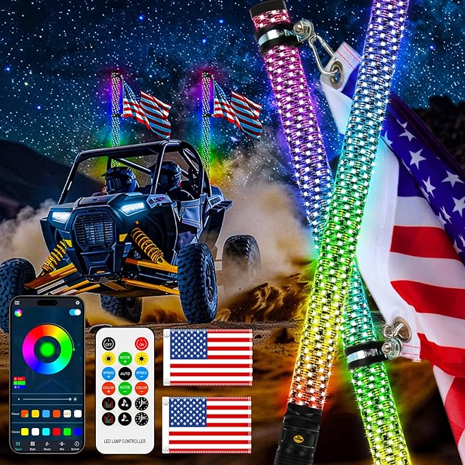 DREAMIZER 2PCS 3FT RGB Whip Lights for UTV ATV Brighter Spiral Chasing Lighted Antenna Whip for Side by Side with APP and Remote Control for Jeep Off-Road RZR Polaris Truck Car 4X4 Sand Buggy Dune
