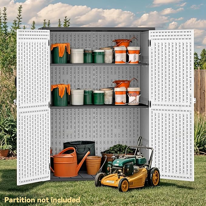 DWVO 59 Cu. Ft. Vertical Storage Shed, Weatherproof Outdoor Tall Cabinet with Double-Wall Panels and Floor, Lockable Resin Shed for Garden, Garage, Patio, Light Gray (Shelves Not Included)