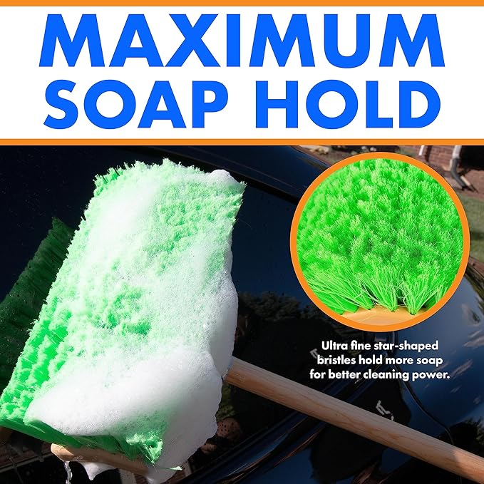 Hub City Industry 10- inch Car Wash Brush, Bi- Level Brush, Soft Nylon Bristle, car Accessories, Cleaning Supplies, Automotive wash Brush,Flagged Green Poly Bristle