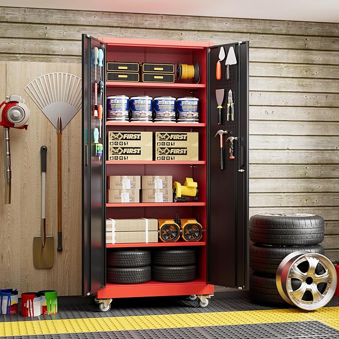 Garage Storage Cabinet with Pegboard and 5 Adjustable Shelves, 71'' x 32'' x 16''Metal Lockable Cabinet with Magnetic Doors,Tool Storage,Home Office Garage,Gym,School (Black-red)