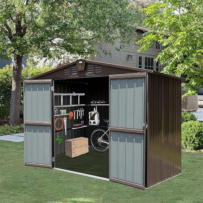 IKERY Metal Storage Shed - 10' x 8' with Double Lockable Doors, Large Garden and Backyard Tool Shed for Bikes, Weather - Resistant, Brown