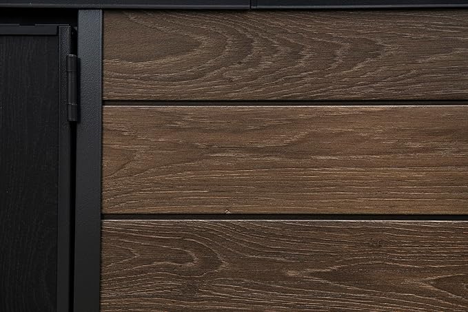 Keter Signature Collection 9x7 Ft All-Weather Storage Shed with Skylight, Window, Built-in Ventilation, Customizable Walls, & Lockable Double Doors, Walnut