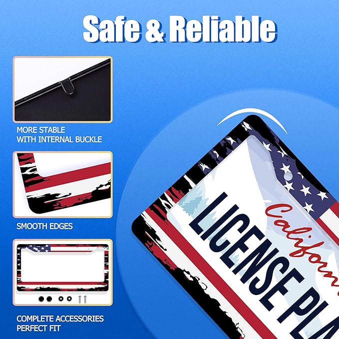 Vintage American Flag License Plate Frame USA Flag License Plate Stainless Steel Funny License Plate Holder Patriotic Car Accessories With Screws Car Decoration 12.3" x 6.3"Fits Standard Vehicles Size