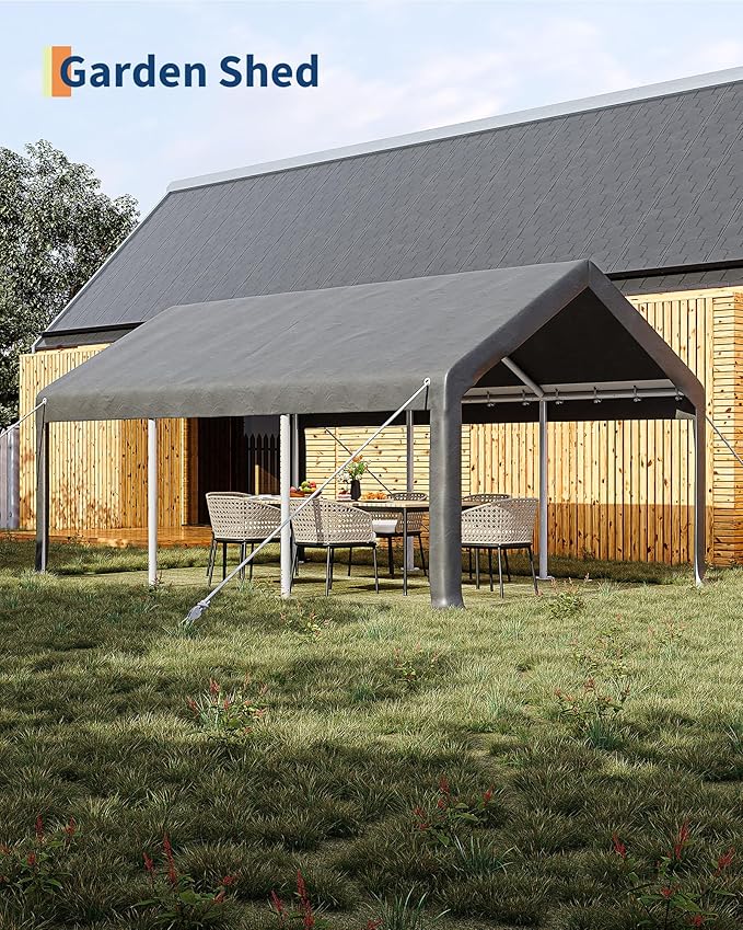 10x20 Ft Carport, Car Port with 200g PE Tarp, Roll-Up Doors, and 4 Windows, for Sedans, Bass Boats, Motos, ATVs, and SUVs, Light Gray