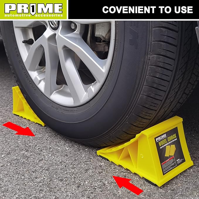 PR1ME Wheel Chocks with Non-Slip Base for RV & Trailer. 2 Pack Heavy Duty Wheel Chock with Bright Yellow. Lightweight Wheel Stoppers for Cars Camper Trucks RVs, Fit for Most Tyre Sizes