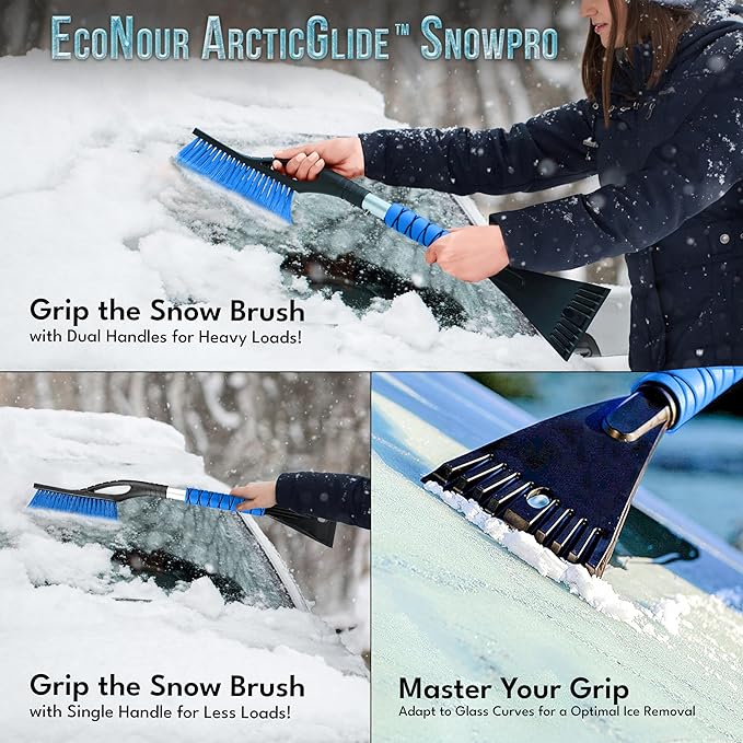 EcoNour 27" Aluminum Car Snow Scraper and Brush (Orange, Red, Green & Blue) | Weaved Bristle Head with Metal Body Ice Scraper for Car Windshield | Ice Scraper with Foam Grip Winter Accessory | 4 Pack
