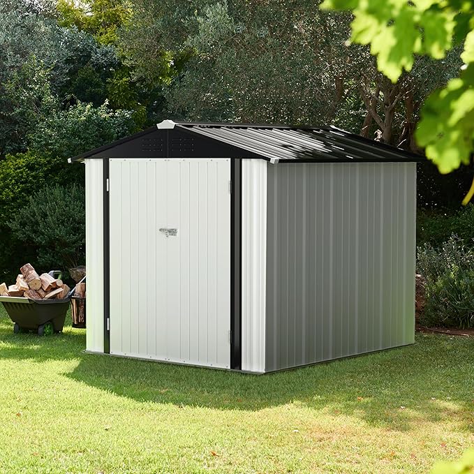 JUMMICO Metal Outdoor Storage Shed 6 x 8 FT Metal Shed with Lockable Door,Waterproof Garden Tool Shed Storage House for Backyard Patio Lawn,White