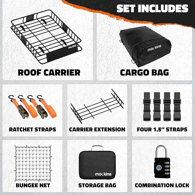 Mockins 64"x39"x6" Extendable Heavy Duty Roof Rack Basket w/ 16 CuFt Waterproof Cargo Bag for Top of Car | 250Lbs Cap All Weather Rooftop Cargo Carrier for Top of Vehicle & Car Top Carrier Accessories