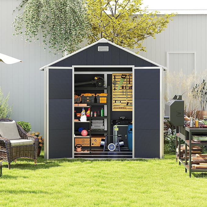 MyVoice 8x8 FT Outdoor Resin Storage Shed with HD Window, Rustproof Waterproof Garden Tool Shed, 12mm Thickened PP Panels, Large Capacity Outdoor Utility House for Backyard Patio (with Floor)