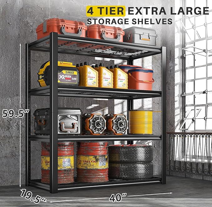 REIBII 40" W Garage Shelving 2240 LBS Storage Shelves Adjustable Metal Shelving Heavy Duty 4 Tier Metal Shelves for Pantry Basement Warehouse 40" W × 19.5" D × 59.5" H