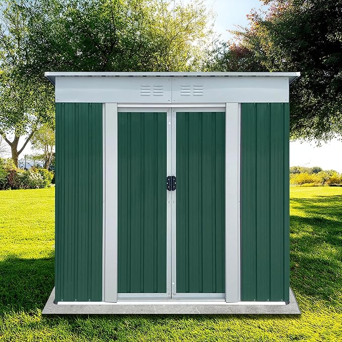 6x4 FT Outdoor Storage Shed with Sloping Roof, Waterproof Metal Garden Sheds w/Lockable Sliding Doors and Vents, Weather Resistant Tool Storage House for Backyard, Patio, Lawn, Green