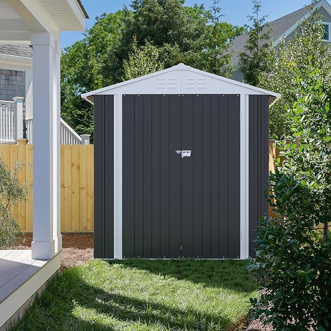 JUMMICO Metal Outdoor Storage Shed 6 x 4 FT Metal Shed with Lockable Door,Waterproof Garden Tool Shed Storage House for Backyard Patio Lawn,Grey