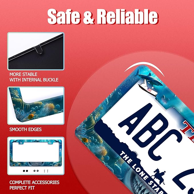 Shark License Plate Frame Ocean Marine Fish License Plate Holder Funny Stainless Steel Accessories Cars Decor with 2 Holes and Screws Fits Standard Us Ca Vehicles License Plate Frames 12.2 X 6 Inch