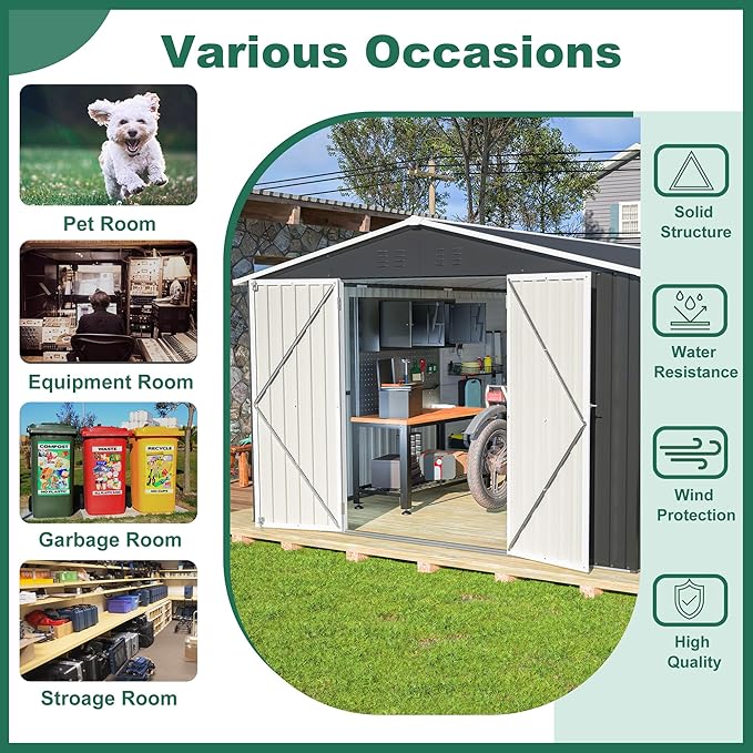 Outdoor Storage Shed 10x12 FT, Utility Metal Tool Storage with Lockable Doors and Updated Frame Structure, Large Metal Garden Shed for Backyard, Patio Lawn, Black