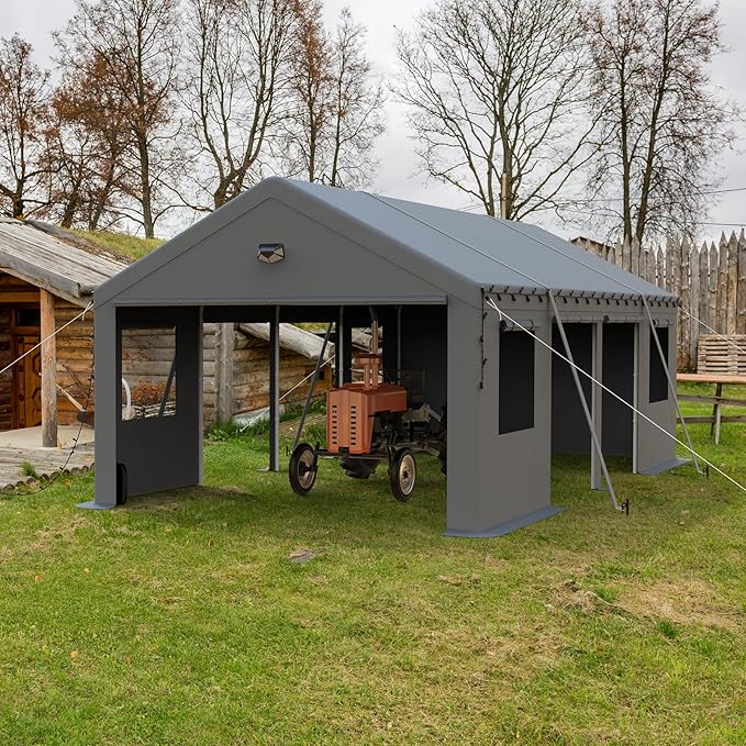 13x25 Carport, Heavy Duty Carport Canopy Garage with Removable Sidewalls and Drive Through Roll Up Zipper Doors & Side Doors, Grey