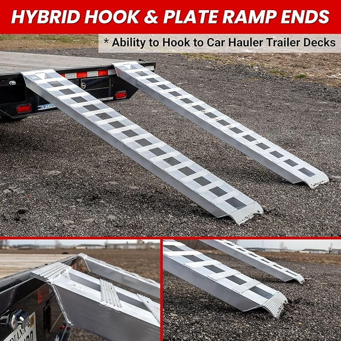 GEN-Y Hitch Heavy Duty Aluminum Loading Ramps - Set of 2, 8 Feet Long x 15 Inches Wide, 10000 lbs Capacity, Hybrid Hook and Plate Ends, Serrated Cross Rungs for Maximum Traction