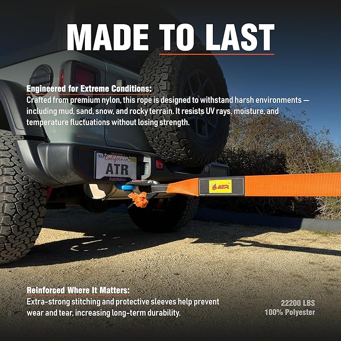 ATR Recovery Tow Strap 3" x 20ft – 22,200 lbs Breaking Strength, Heavy Duty Snatch Strap for Truck, SUV, Off-Road Pulling, Tow Rope with Storage Bag