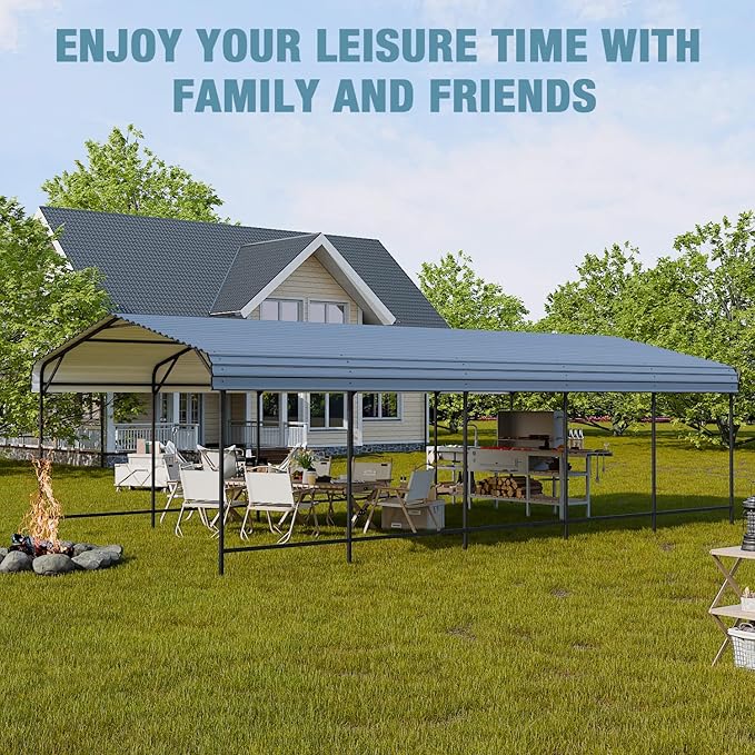 EBE 13' x 25' Metal Carport, Outdoor Steel Carport Canopy with Galvanized Steel Frame and Roof, Heavy Duty Garage Shelter Shade for Cars, Boats, and Truck