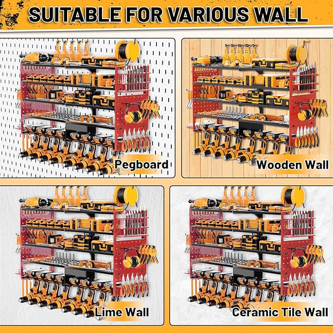 5 Layers Power Tool Organizer Wall Mount, Cordless Tool Storage Rack Holder with 8 Drill Holders, Heavy Duty Garage Wall Tool Shelf for Workshop Tool Room Men Husband Father Gift (Black-Red)