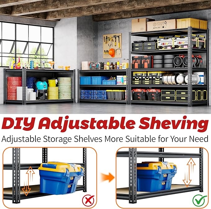 48"W Garage Shelving, 2650LBS Storage Shelves heavy duty, 5 Tier Metal Shelving Unit Adjustable Garage Shelves Heavy Duty Shelving for Warehouse,Commercial, Kitchen, 48" W × 24" D × 72" H, Black，2PCS