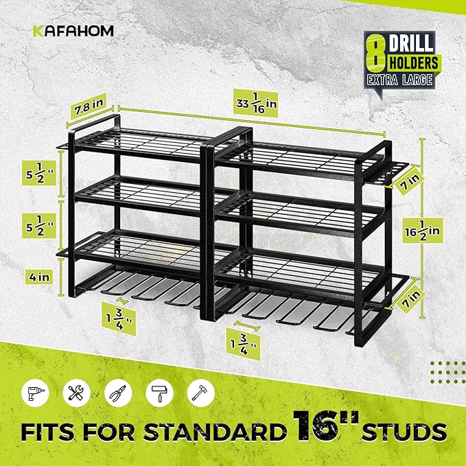 KAFAHOM Power Tool Organizer Wall Mount, 4-Tier Drill Holder for Cordless Tools, 2-Pack Set, Garage Storage Rack with Side Hooks for Hammers & Pliers, Tool Organizer for Workshop/Utility Room