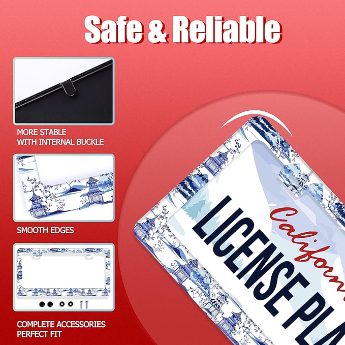 Blue White Porcelain Pattern License Plate Frame Chinoiserie License Plate Frames Funny for Car Decorative Parts Stainless Stee License Plate for Standard Us Canada 12x6 Inch