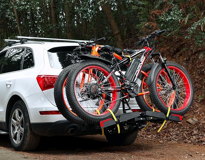 2 E-Bike Foldable Hitch Mount Bike Rack for 2" Receiver SUV & Trucks, Up to 4'' Fat Tire, Lockable Hitch Racks for E-Bike with Ramp and Wheels, 180 LBS Capacity