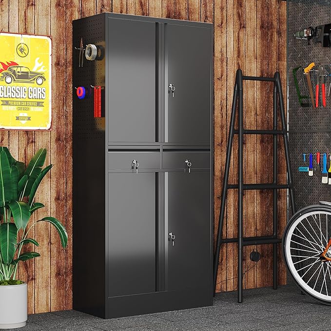 71" Metal Garage Storage Cabinet with 8 Hooks and Pegboards,2 Drawer Tool Storage with Locking Doors and Adjustable Shelves,Heavy Duty Steel Tool Cabinet for Garage, Warehouse