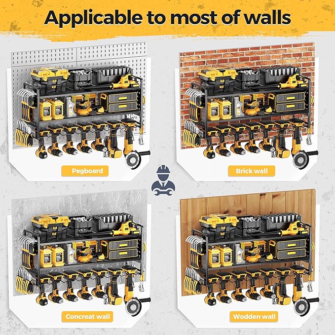 LBT Large Power Tool Organizer Wall Mount with Pegboard, Heightening Garage Power Tool Storage with 7 Cordless Drill Holder, Heavy Duty Metal Tool Shelf Battery Storage, Gifts For Men Father Husband