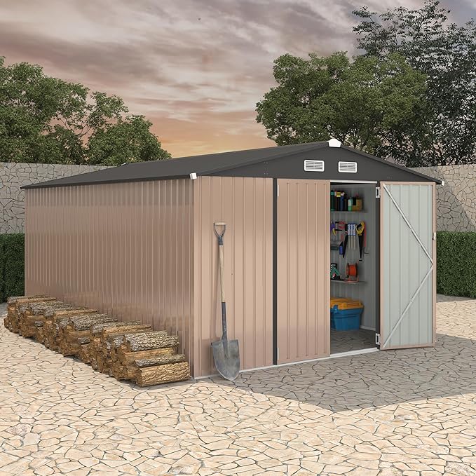 10x14x6.4 FT Outdoor Storage Sheds, Metal Garden Tool Shed for Backyard, Large Metal Sheds Outdoor Storage With Lockable Doors & Air Vents for Backyard Garden Patio Lawn