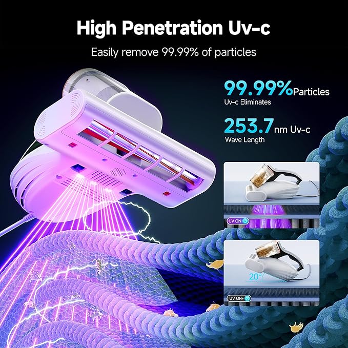 uwant Bed Cleaner with 16Kpa Suction Metal Roller 253.7nm Uv-c Light Mattress Vacuum Cleaner 36000RPM/Min 149℉ Heating HEPA Filter&Ultrasonic Mattress Vacuum for Sofa, Pillow, Bed Throws, Vanilla