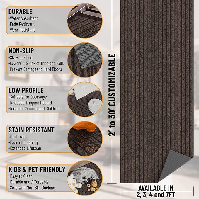 Ottomanson 2'7" x 33' Hallway Runner with Scraper Pile - Extra Durable Non-Slip Rug Mat for Indoor & Outdoor Use - Ideal for Kitchen, Entryway & Garage - High-Traffic Carpet, Brown