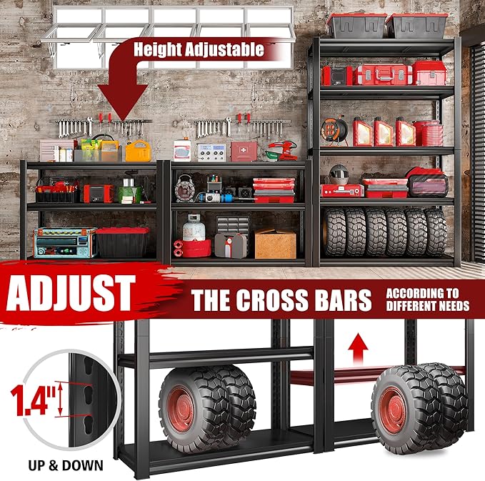 Raybee Storage Shelves 2000LBS Garage Shelving Heavy Duty, 5-Tier Adjustable Garage Shelves, Metal Shelving for Garage, Basement, Warehouse, Pantry, 72" H x 31.5" W x 16.5" D, Black