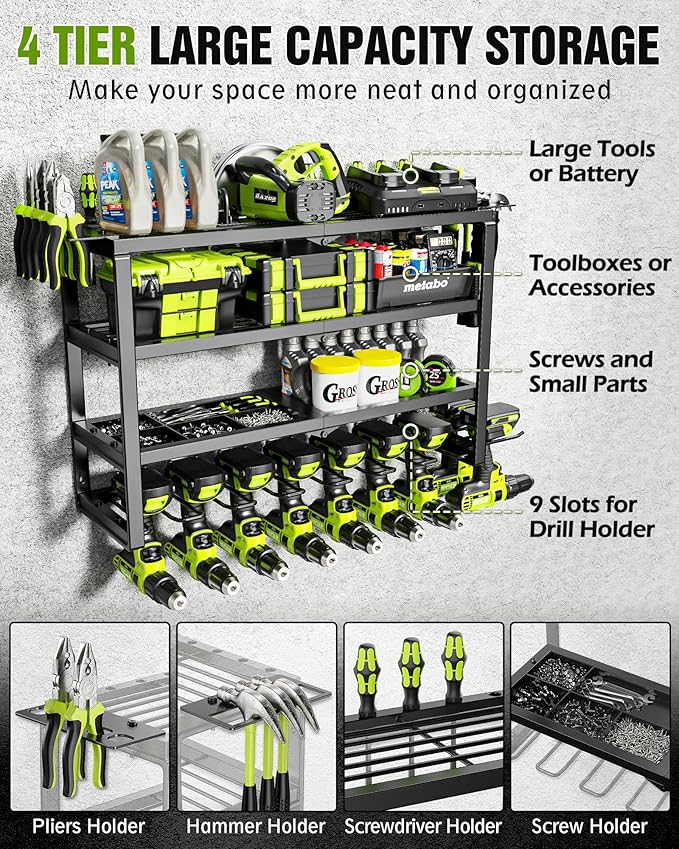 MAXIFFE 4 Layer Power Tool Organizer Wall Mount, Heavy Duty Metal Cordless Tool Organizers and Storage Rack Holder with 9 Drill Holders for Garage Storage Organization, Gifts for Men, Black, 26 inch