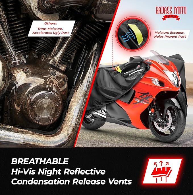 Badass Moto Ultimate Motorcycle Cover Waterproof Outdoor, Heavy Duty Motorcycle Cover for Harleys - Motorcycle Sun Cover, Fits Harley Davidson Motorcycle Covers, Street or Sportbike Cover - Small