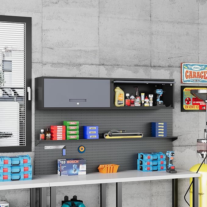 Metal Storage Cabinet Black&Gray Wall Cabinets with Locking Door - Wall Mounted Storage Cabinet for Garage Warehouse Home Office - Assembly Required