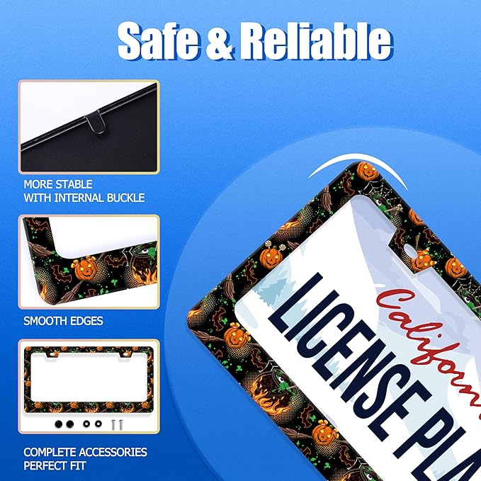 Halloween License Plate Frame Pumpkin Bats License Plate Stainless Steel Funny License Plate Holder for Men Women Universal Colorful Car Accessories Decoration 12.3" x 6.3"