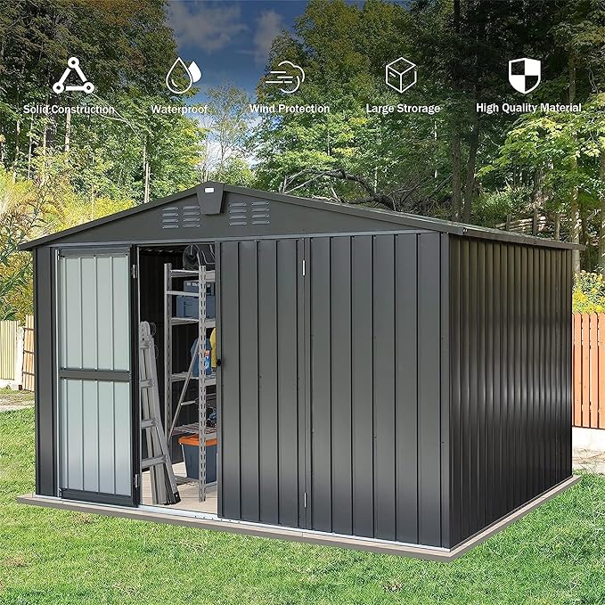 IKERY Galvanized Steel Storage Shed 10' x 8' with Lockable Door - Extra Large Metal Garden Shed for Bikes, Tools, Trash Cans - Backyard & Patio - Dark Gray