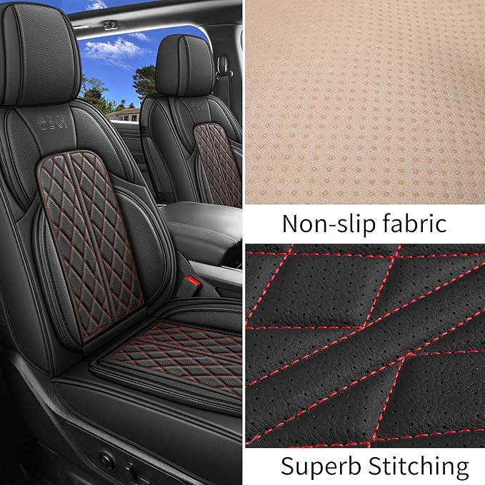 Car Seat Cover Custom Fit for Dodge Ram 1500 2500 3500 2002-2024 Faux Leather Seat Cover Set Compatible with Crew Quad Regular Cab Pickup Truck Cushions (Black Redline, Front Seat)