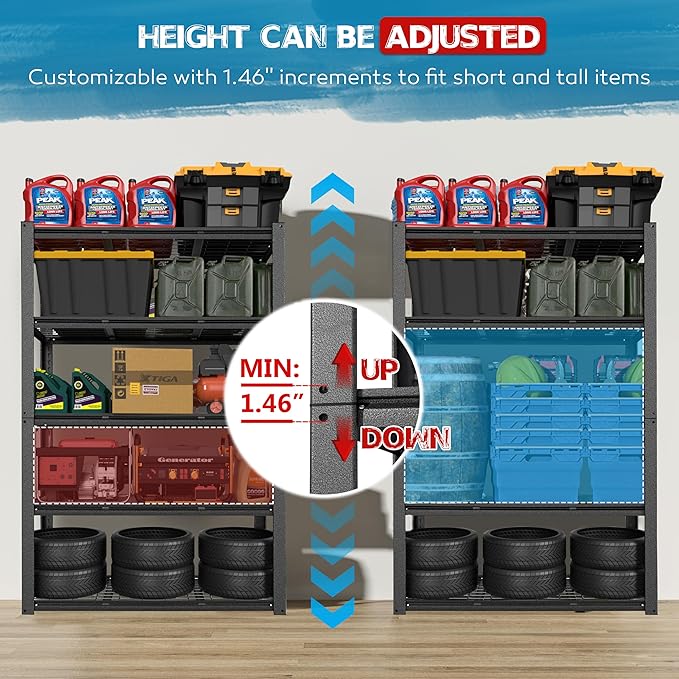 MUPATER 72" H x 47.6" W x 18.1" D Metal Storage Shelves, 5 Tier Shelves and Adjustable Shelves, Garage Shelving Unit, Standing Utility Rack for Warehouse Kitchen