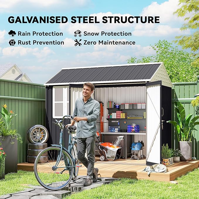 Outsunny 8' x 6' Outdoor Storage Shed, Metal Garden Shed with Window & Double Lockable Door, Outdoor Tool Shed Storage with Sloped Roof for Backyard, Patio, Garage, Lawn, Dark Gray