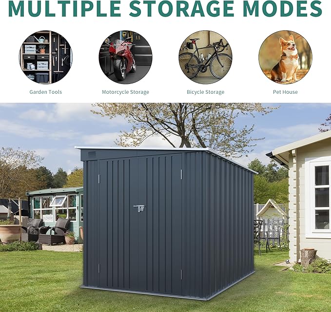 LANTRO JS 6x8FT Metal Outdoor Storage Shed, Garden Tool Shed Without Floor, Lean to Shed with Free PC Light Board and Lockable Doors for Garden Bike Lawnmower