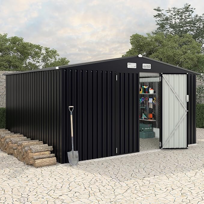 8x10x6.4 FT Outdoor Storage Sheds with Floor, Metal Garden Tool Shed for Backyard, Large Metal Sheds Outdoor Storage With Lockable Doors & Air Vents for Backyard Garden Patio Lawn