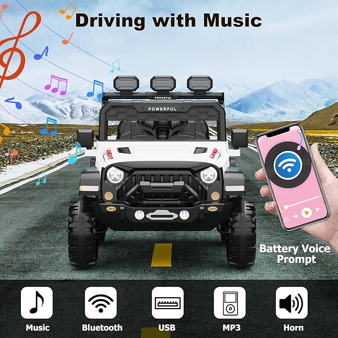 Kids Electric Vehicle, 12V Battery Powered Ride On Car with 2.4G Remote Control, Electric Car for Kids, 3 Speed Ride On Toy, Soft Start, LED Lights, Bluetooth, White