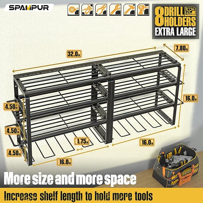 Power Tool Organizer, 15 Min Quick Assembly & Max 420lbs load by Heavy Duty Metal, 4 shelves 8 Slots for Cordless Drill in Garage/Workshop/Pegboard/Shed Suitable for Father's Day