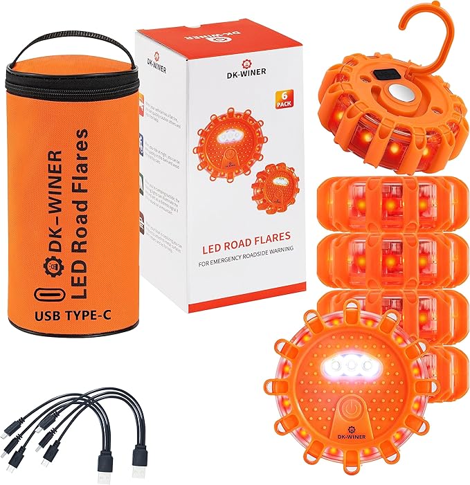 LED Road Flares 6Pack Roadside Emergency car kit Emergency Road Flares Kit with Magnetic Base for Vehicles & Boat | 9 Flash Modes(with Batteries) (6pack rechargeable)