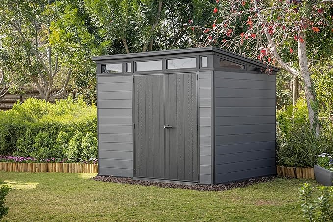 Keter Cortina 9x7 Ft All-Weather Storage Shed with Skylight, Window, Built-in Ventilation, Customizable Walls, & Lockable Double Doors, Graphite