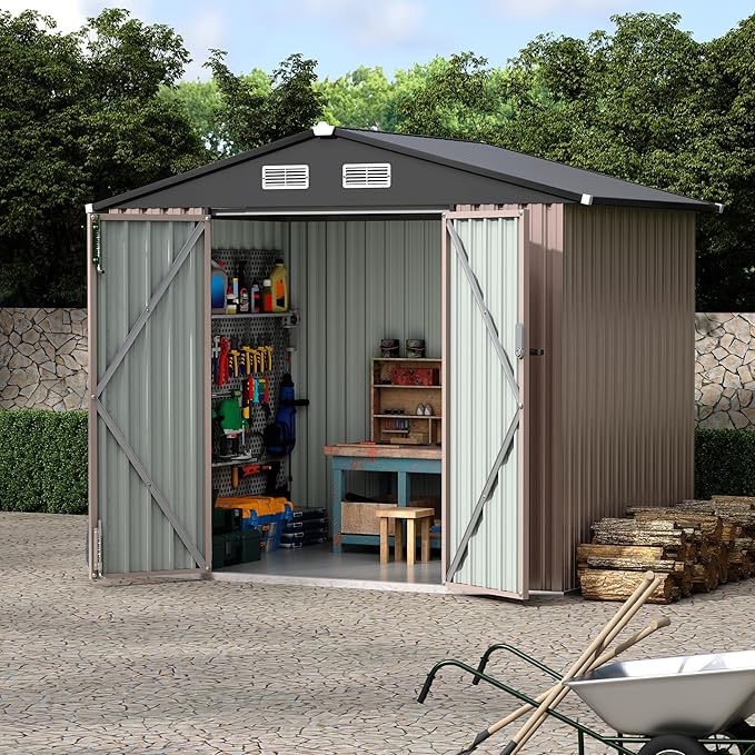 6x8x6.4 FT Outdoor Storage Sheds with Floor, Metal Garden Tool Shed for Backyard, Large Metal Sheds Outdoor Storage With Lockable Doors & Air Vents for Backyard Garden Patio Lawn